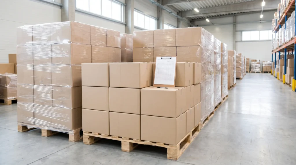Wholesale toilet paper cartons inspected for dry pallet storage and packaging condition.