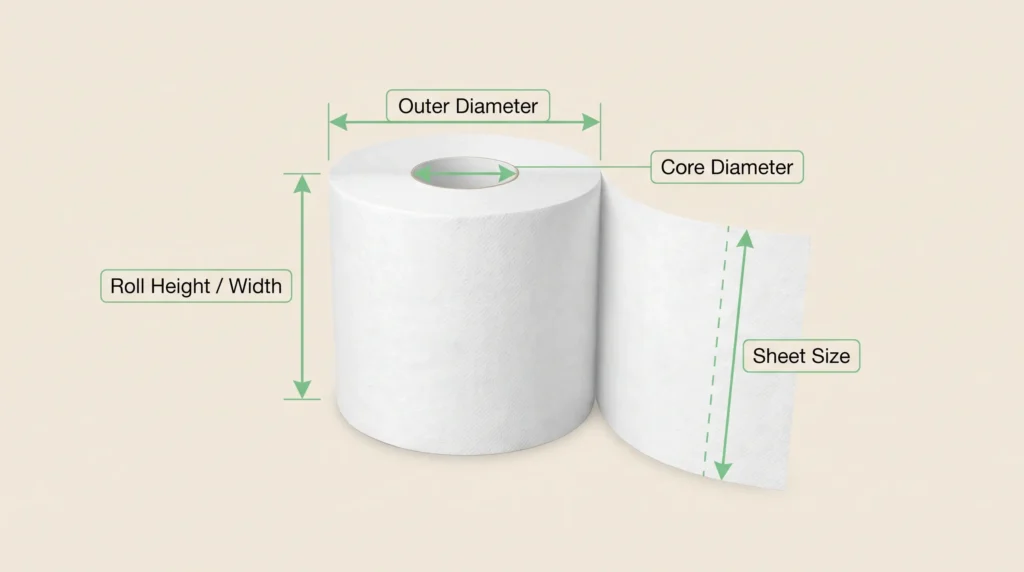 Diagram showing toilet paper roll height, cut width, outer diameter, core diameter, and sheet size