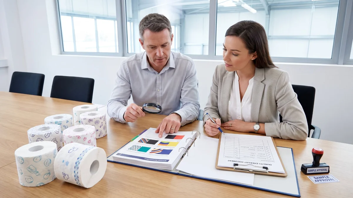 Buyer reviewing printed toilet paper samples, artwork references, and quality checklist requirements