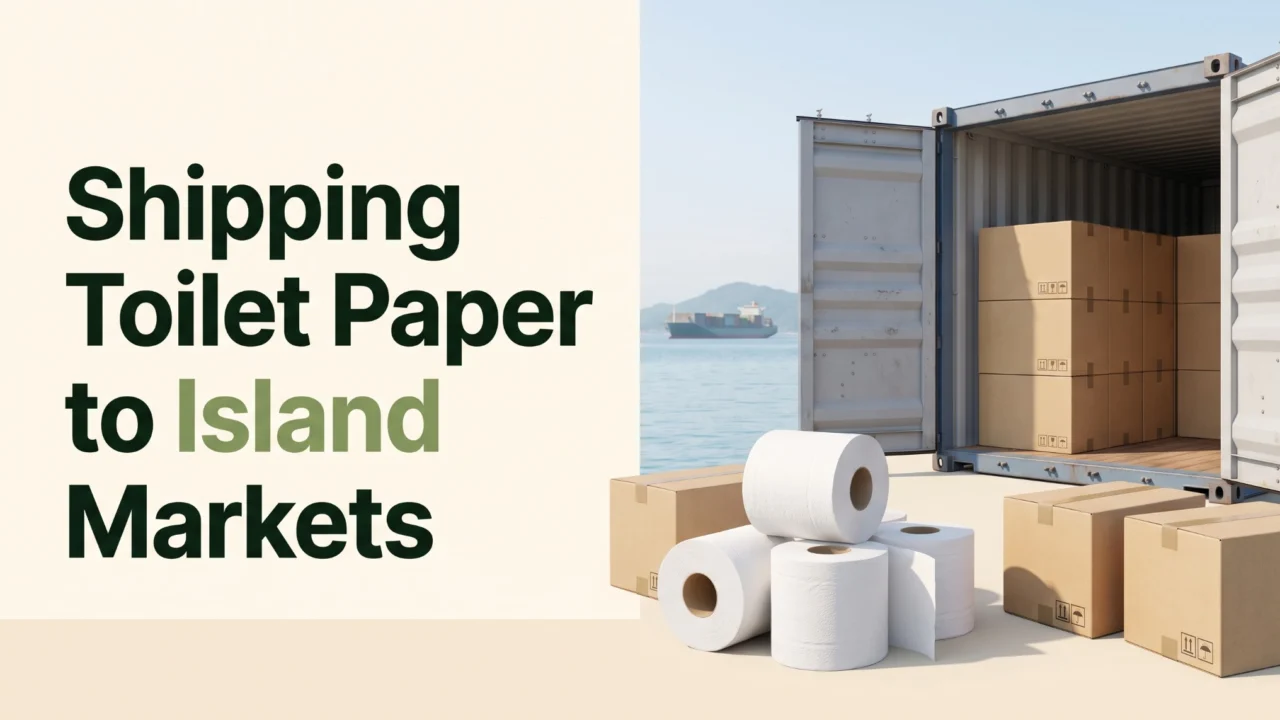 Toilet paper rolls, export cartons and a shipping container for island market delivery