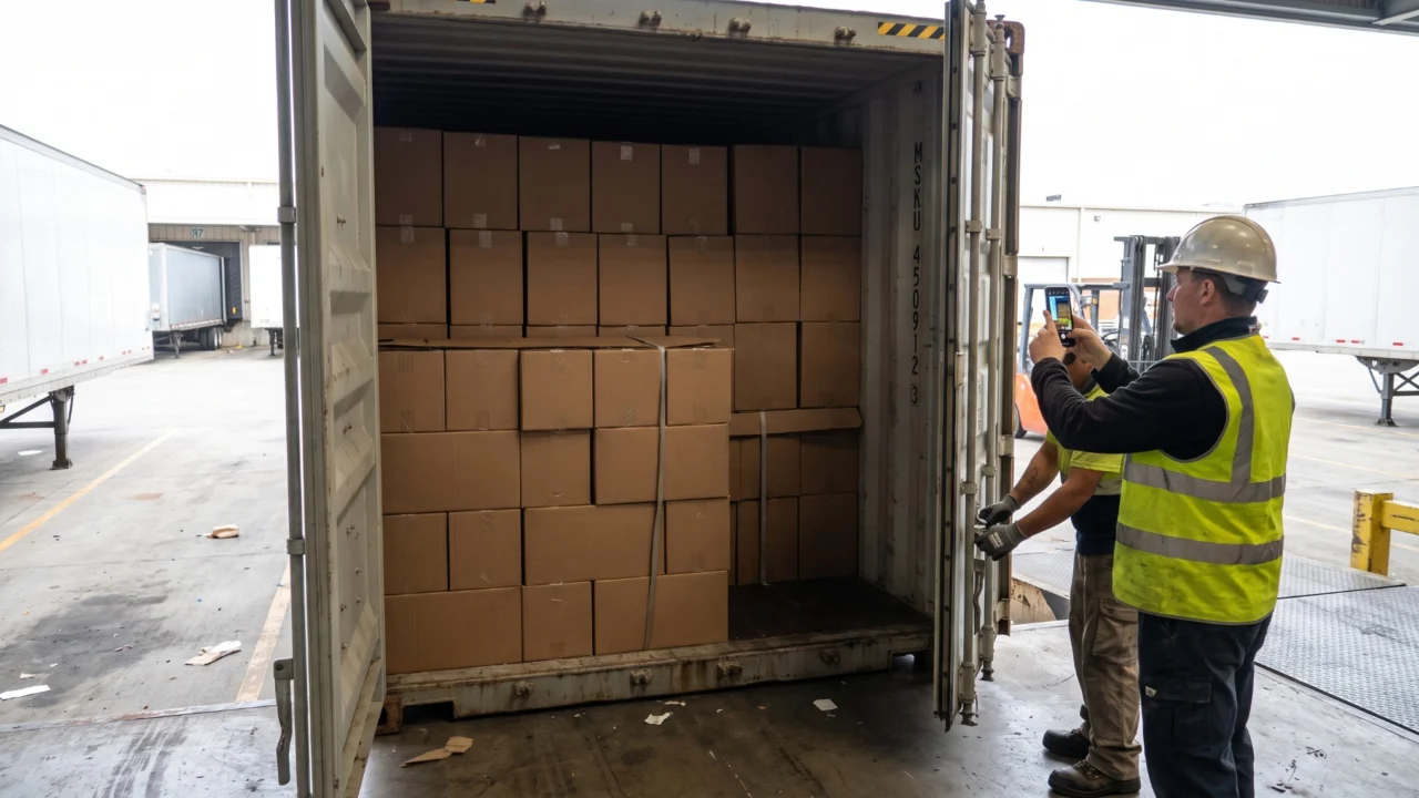 Medewerker die geladen dozen toiletpapier fotografeert voordat de zeecontainer wordt verzegeld