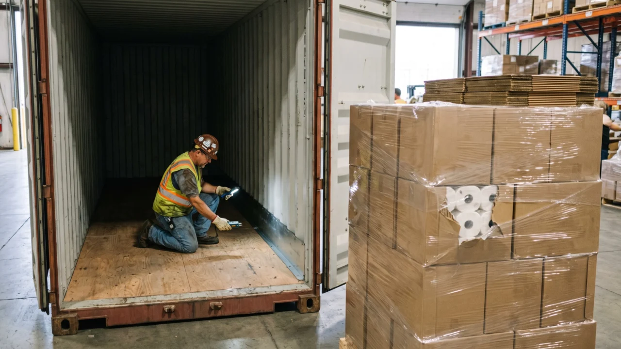 Medewerker die een lege zeecontainer inspecteert voordat dozen toiletpapier worden geladen