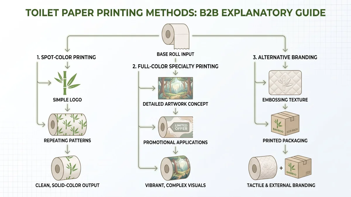 Comparison of spot-color printing, full-color specialty printing, and alternative toilet paper branding methods