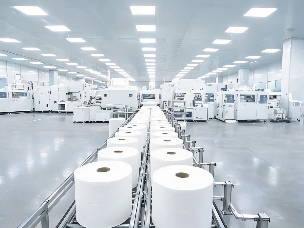 Tissue converting workshop with paper rolls and production equipment