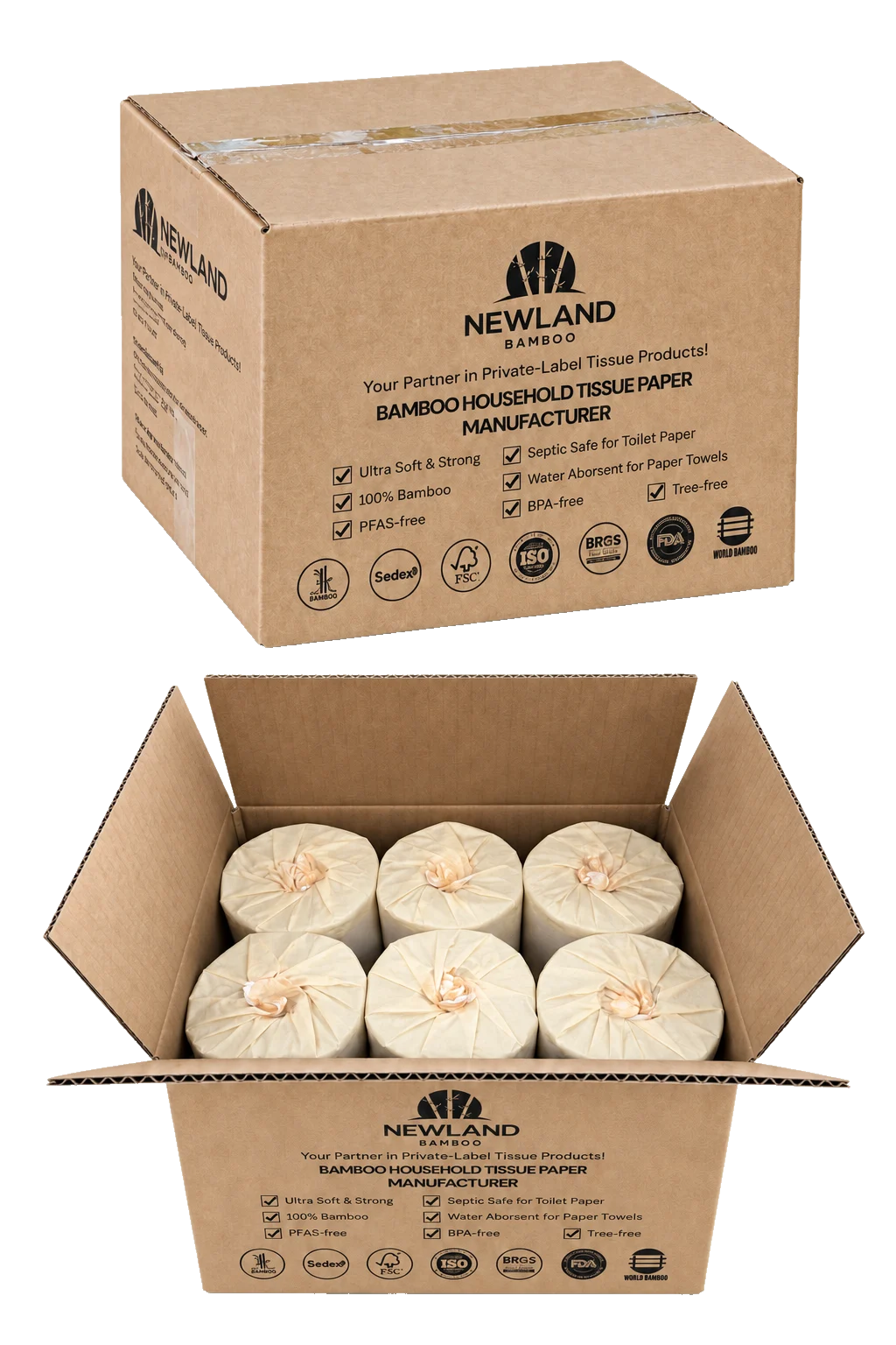 Newland Bamboo sample kit: sealed carton and open carton with individually wrapped toilet paper rolls