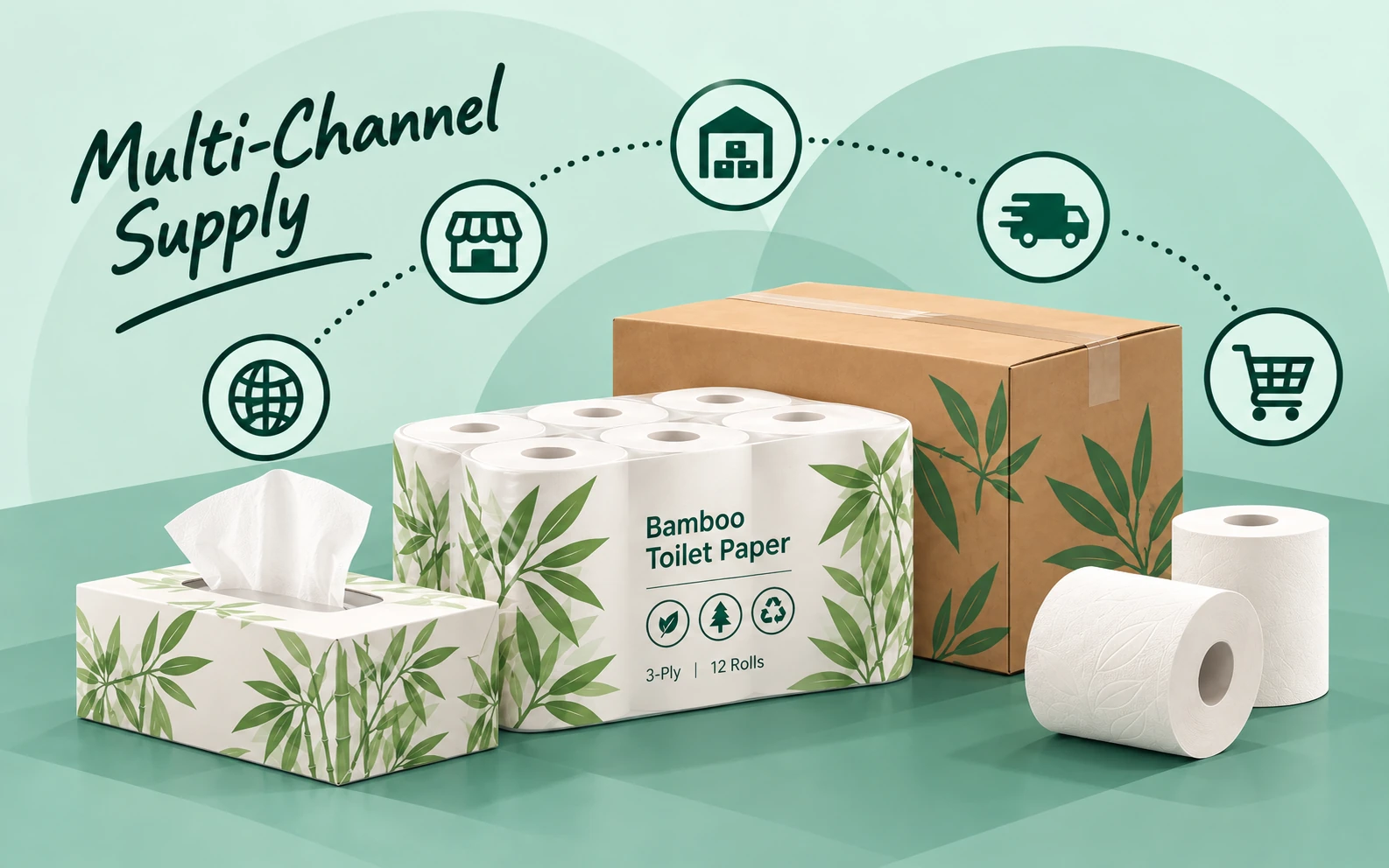 Bamboo toilet paper and tissue formats with retail, warehousing and shipping symbols