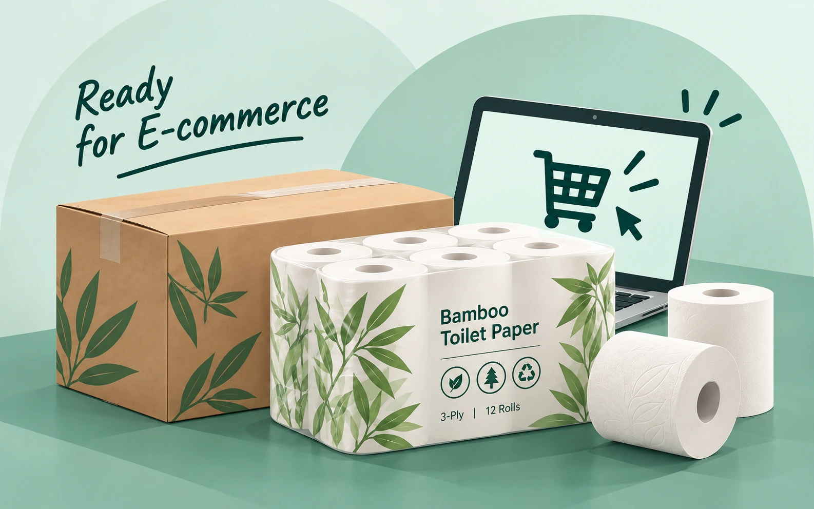 Bamboo toilet paper multipack and shipping carton beside an online shopping laptop