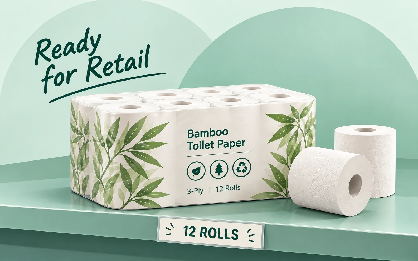 Bamboo toilet paper twelve-roll multipack on a retail shelf with a price display